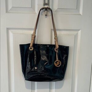 Michael Kors Shiny Black Tote with Tan Straps